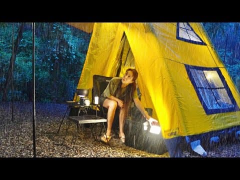 Solo camping in a mess in a leaky inflatable tent in heavy rain