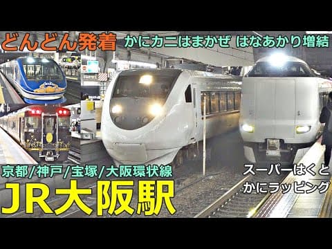 JR大阪駅 (各線) 6🚃どんどん電車が発着！●かにカニはまかぜ はなあかり増結、スーパーはくと かにラッピング／新快速、特急 こうのとり・ひだ 等／京都 神戸 宝塚 大阪環状線【JR西日本】